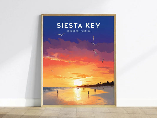 Siesta Key Sunset Wall Artwork | Sarasota Beach Sunrise Poster Design | Florida Ocean Framed Print | Coastal Vacation Home Decor Collection