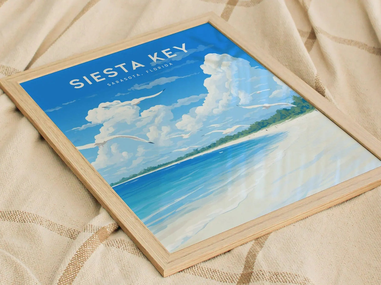 Siesta Key Beach, Sarasota, Florida - Wall Art Poster Design Travel Crescent Beach Seagulls Framed Print Island Life Gift Collection Set