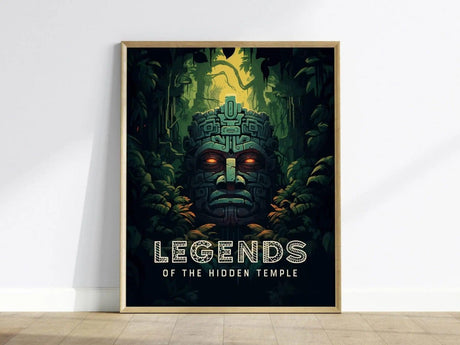 Legends of the Hidden Temple inspired poster with stone idol jungle temple and gold pendant design