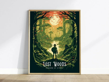 A framed poster titled Lost Woods: Kingdom of Hyrule features a silhouette of a figure standing on a path surrounded by mystical, glowing forest scenery under a vibrant orange sky.