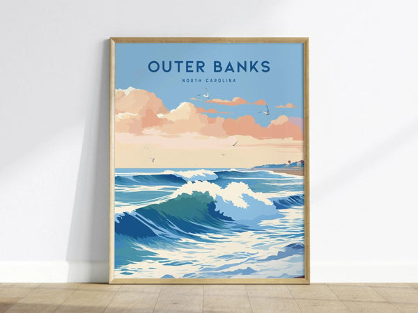 A modern art print featuring a vibrant depiction of ocean waves and a pastel sky, with soft clouds and seagulls overhead. The text OUTER BANKS and NORTH CAROLINA is prominently displayed at the top, adding a coastal charm.