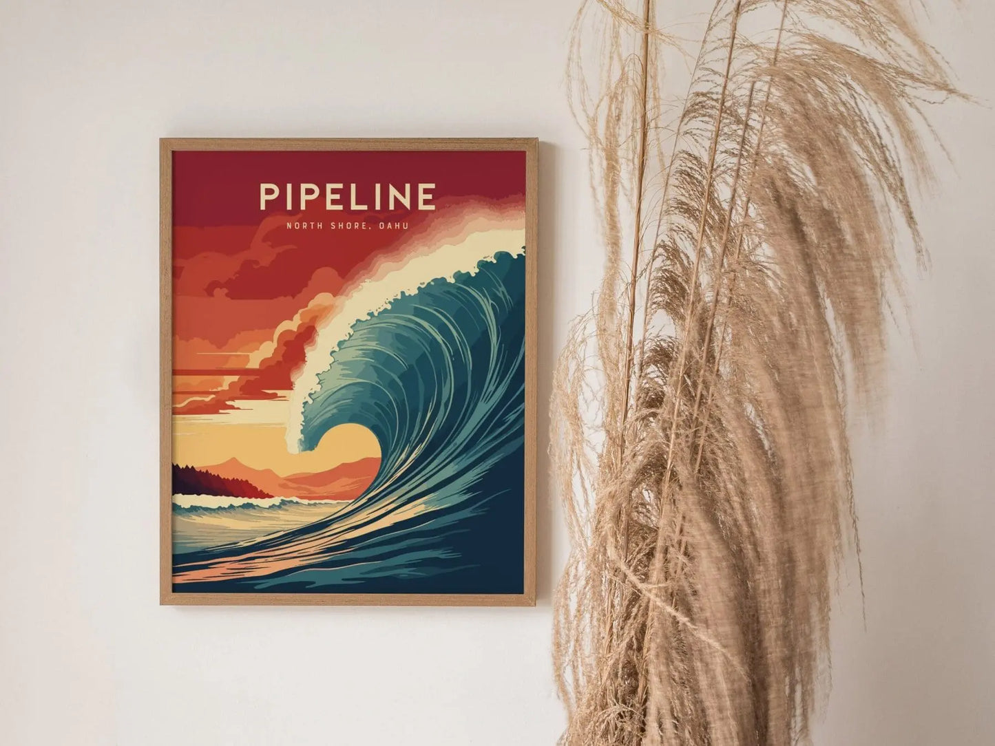 Pipeline, North Shore, Oahu, Hawaii - Framed Wall Art Poster Design Frame Travel Wave Surfing Surfer Barrel Print Gift Home Decor