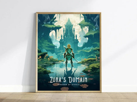 Zelda BOTW fan art poster of Zora’s Domain with waterfalls and glowing palace