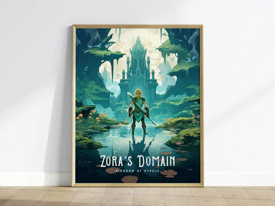 Zelda Zora&#39;s Domain Framed Wall Art | Hyrule Zora Poster Design, Link BOTW Unframed Print, Gamer Gift Legend TOTK Home Decor Collection Set - Swell Scenes