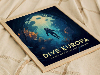 Dive Europa Framed Wall Art | Space Exploration Poster Design Jupiter Diving Unframed Print Diver Astronomy Kids Sci-Fi Home Decor Gift Idea