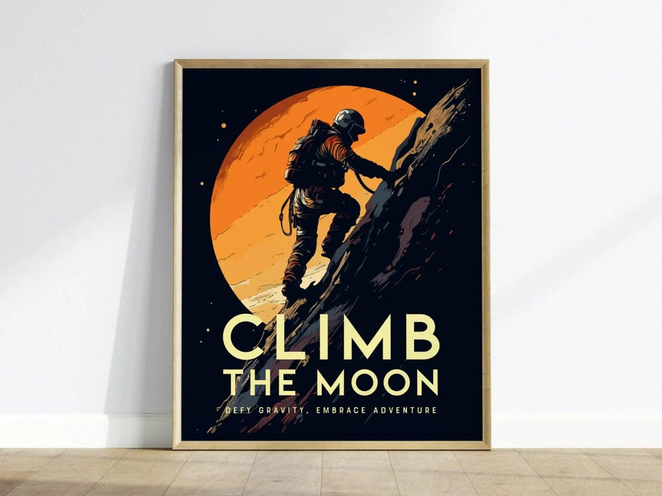 Rock Climb Moon Crater Framed Wall Art | Space Adventure Poster Design Climber Unframed Print Climbing Kids Room Sci-Fi Home Decor Gift Idea - Swell Scenes