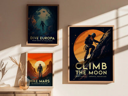 Rock Climb Moon Crater Framed Wall Art | Space Adventure Poster Design Climber Unframed Print Climbing Kids Room Sci-Fi Home Decor Gift Idea