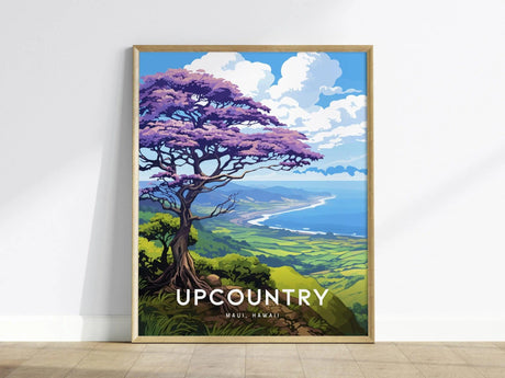A vibrant poster featuring a picturesque landscape of Upcountry Maui, showcasing a majestic Jacaranda tree with purple blooms.