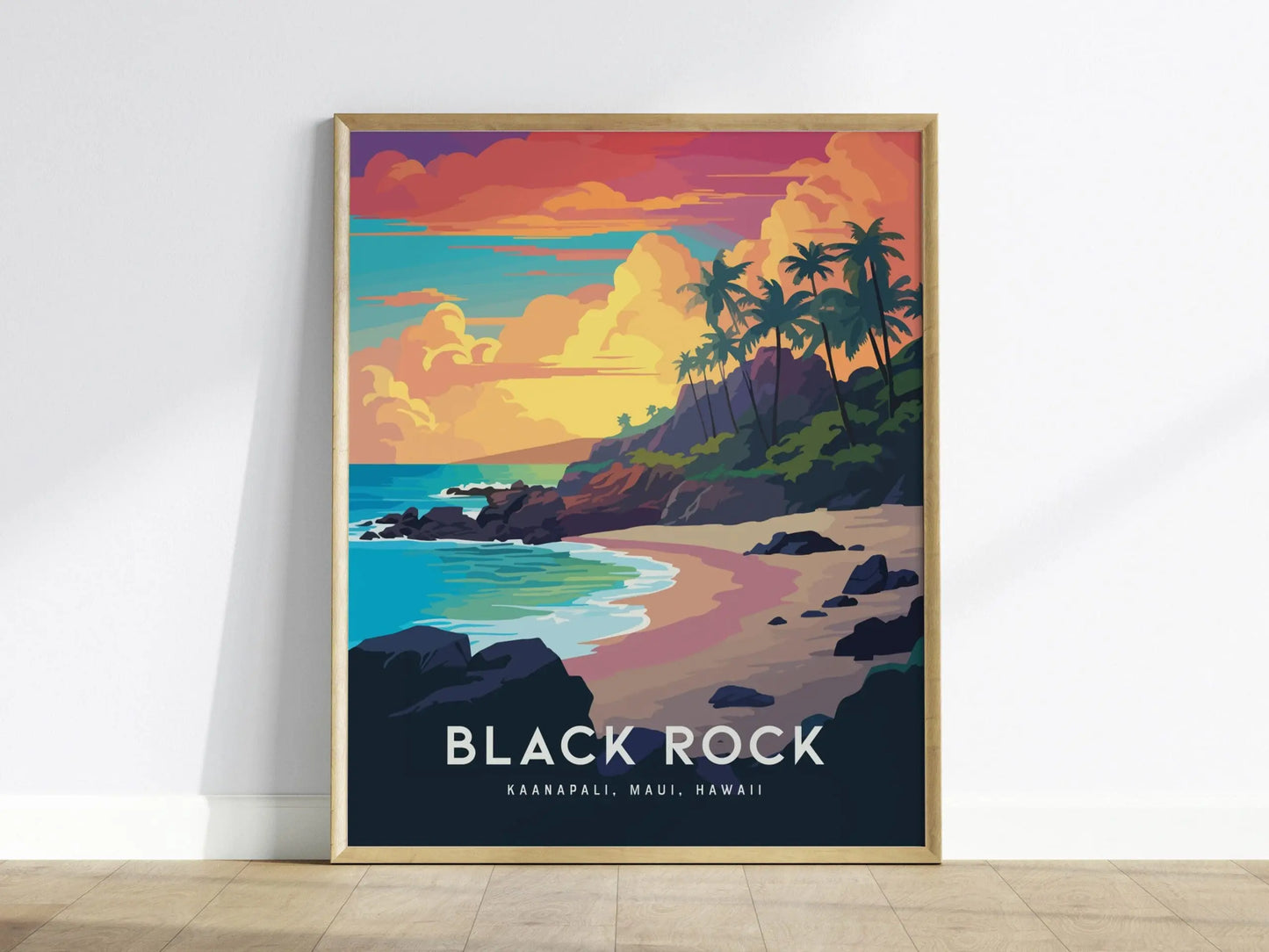 Black Rock, Kaanapali, Maui, Hawaii - Wall Art Poster Design Travel Beach Ocean Tropical Hawaiian Lahaina Print Gift