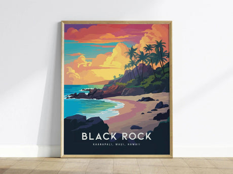 A colorful framed print depicting a tropical beach scene with palm trees, a rocky shoreline, and a vibrant sunset sky. Text reads Black Rock, Kaanapali, Maui, Hawaii.