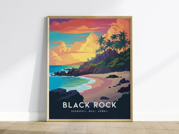 A colorful framed print depicting a tropical beach scene with palm trees, a rocky shoreline, and a vibrant sunset sky. Text reads Black Rock, Kaanapali, Maui, Hawaii.