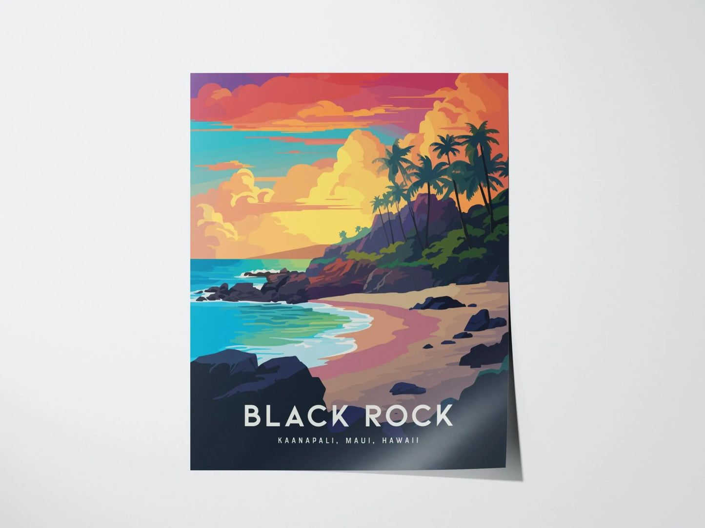 Black Rock, Kaanapali, Maui, Hawaii - Wall Art Poster Design Travel Beach Ocean Tropical Hawaiian Lahaina Print Gift