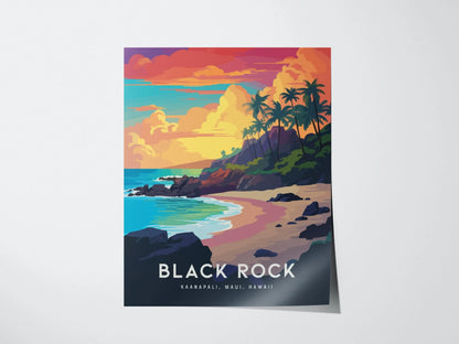 Black Rock, Kaanapali, Maui, Hawaii - Wall Art Poster Design Travel Beach Ocean Tropical Hawaiian Lahaina Print Gift