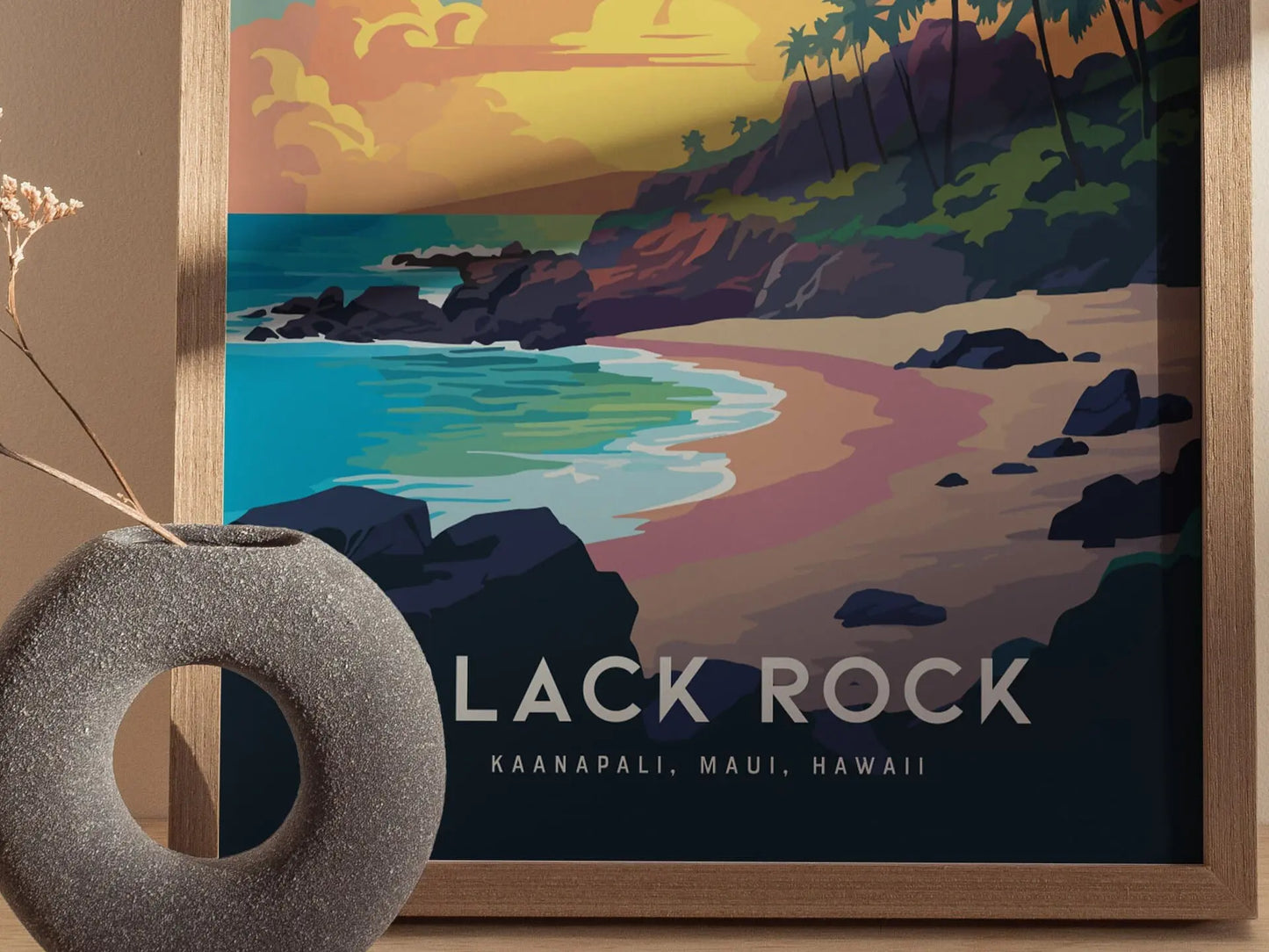 Black Rock, Kaanapali, Maui, Hawaii - Wall Art Poster Design Travel Beach Ocean Tropical Hawaiian Lahaina Print Gift