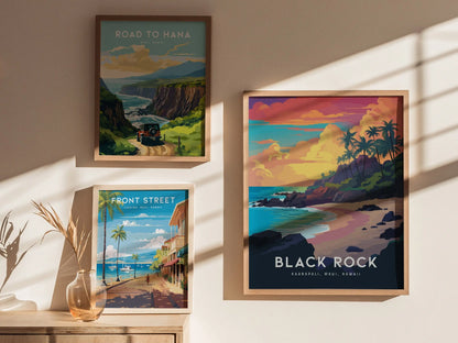 Black Rock, Kaanapali, Maui, Hawaii - Wall Art Poster Design Travel Beach Ocean Tropical Hawaiian Lahaina Print Gift