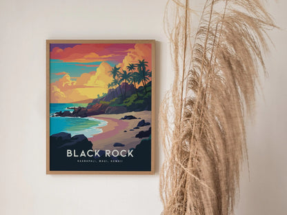 Black Rock, Kaanapali, Maui, Hawaii - Wall Art Poster Design Travel Beach Ocean Tropical Hawaiian Lahaina Print Gift