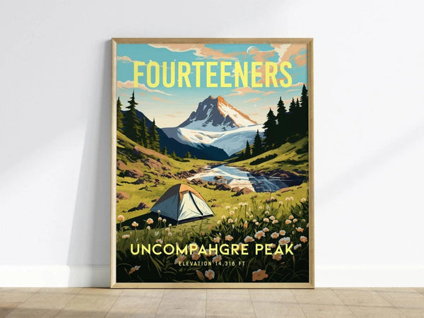 Framed poster depicting Uncompahgre Peak with a camping tent in a wildflower meadow, surrounded by pine trees and a flowing stream under a vibrant sky.