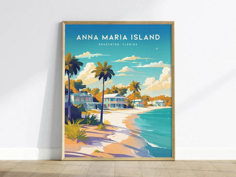 A vibrant art print of Anna Maria Island showcases pastel-colored beach cottages along a sandy shoreline, framed by lush palm trees and a bright blue sky. The scene captures the tranquil essence of Floridas Gulf Coast.