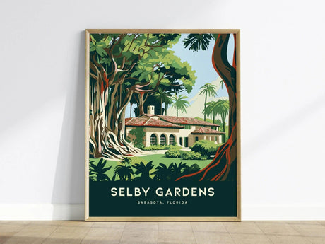 A vibrant illustration of Selby Gardens in Sarasota, Florida, showcasing lush greenery and tropical trees surrounding a charming white building with a red-tiled roof.