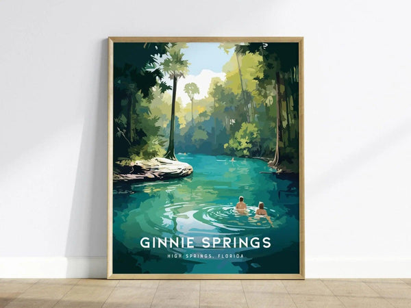 A vibrant poster of Ginnie Springs in High Springs, Florida, showcases a serene landscape with turquoise waters surrounded by lush green foliage. Two people wade peacefully in the water, capturing the tranquil beauty of this natural spring.