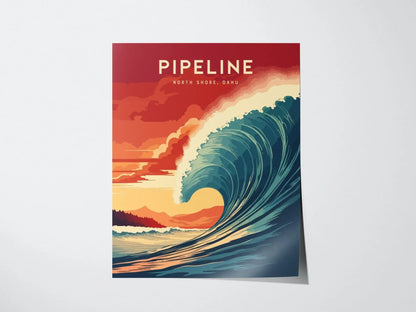 Pipeline, North Shore, Oahu, Hawaii - Framed Wall Art Poster Design Frame Travel Wave Surfing Surfer Barrel Print Gift Home Decor