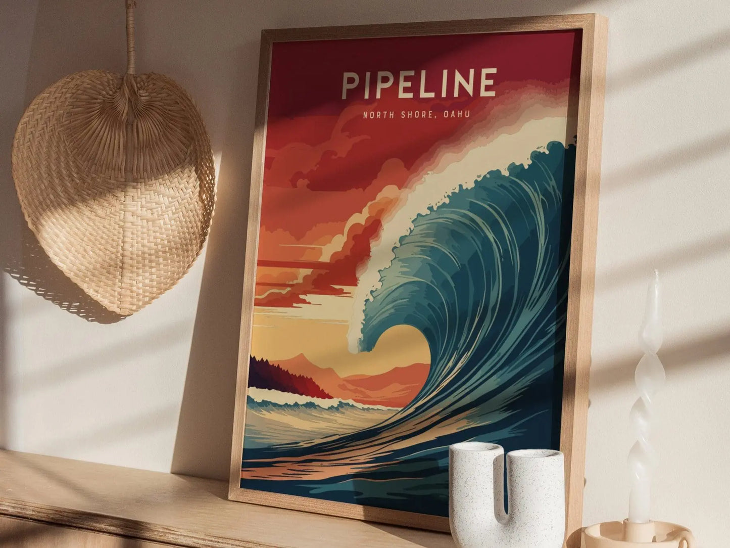 Pipeline, North Shore, Oahu, Hawaii - Framed Wall Art Poster Design Frame Travel Wave Surfing Surfer Barrel Print Gift Home Decor