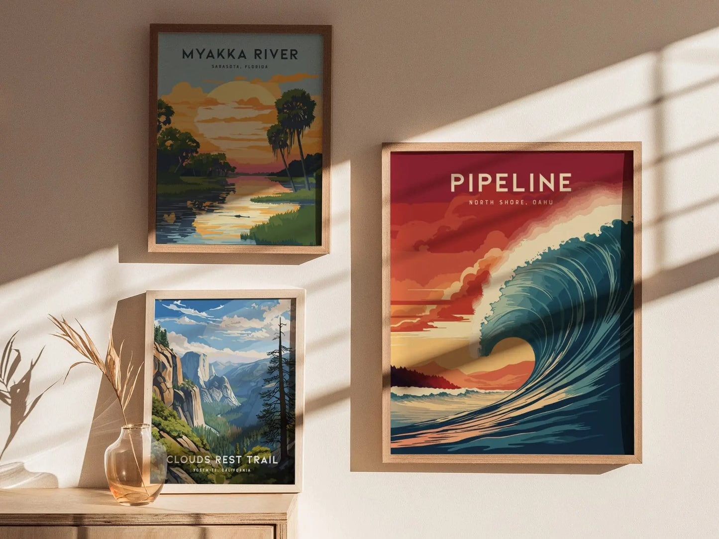 Pipeline, North Shore, Oahu, Hawaii - Framed Wall Art Poster Design Frame Travel Wave Surfing Surfer Barrel Print Gift Home Decor