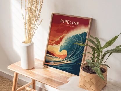 Pipeline, North Shore, Oahu, Hawaii - Framed Wall Art Poster Design Frame Travel Wave Surfing Surfer Barrel Print Gift Home Decor