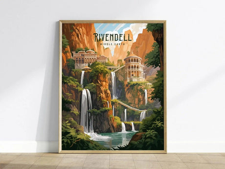 A vibrant poster depicting the mythical city of Rivendell, featuring cascading waterfalls and lush greenery, set against dramatic mountains.