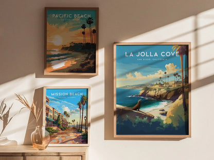 La Jolla Cove San Diego Framed Wall Art | Torrey Pines Shores Poster Design | California Sea Lion Print | Surfer Seals Home Decor Gift Set