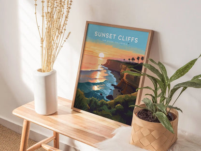 Sunset Cliffs San Diego Surf Framed Wall Art | Point Loma Poster Design | California Surfing Print | Surfer Home Decor Gift Set Collection