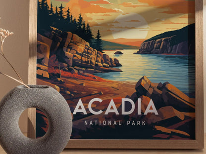 Acadia National Park, Maine, Framed Wall Art - Bar Harbor Poster Design Travel Print Hiker Adventure Gift Atlantic Coastal Home Decor