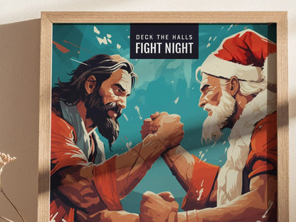 Jesus VS Santa Christmas Framed Wall Art | Xmas Fight Night Poster Design Christ Claus Postcard Print UFC Wrestling Boxing Fan Gift Decor