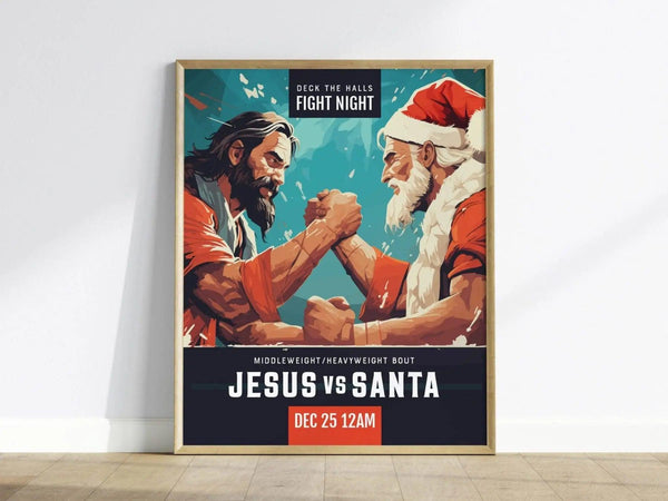 A vibrant Christmas poster features an artistic depiction of Jesus and Santa Claus engaged in a playful arm wrestling match.