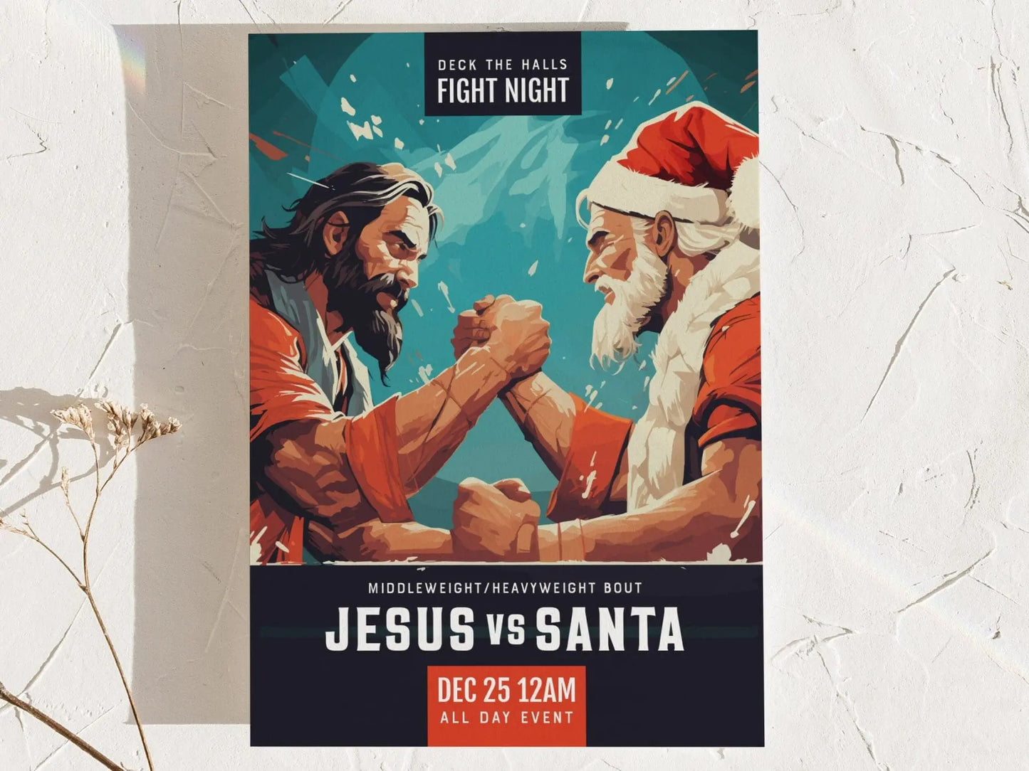 Jesus VS Santa Christmas Framed Wall Art | Xmas Fight Night Poster Design Christ Claus Postcard Print UFC Wrestling Boxing Fan Gift Decor