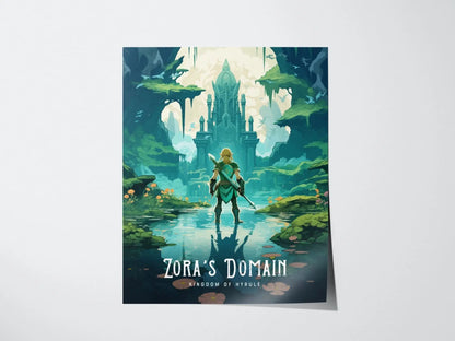 Zelda Zora&#39;s Domain Framed Wall Art | Hyrule Zora Poster Design, Link BOTW Unframed Print, Gamer Gift Legend TOTK Home Decor Collection Set