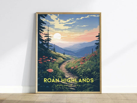 A framed poster titled Roan Highlands features a vibrant illustration of the Appalachian Trail at sunrise.