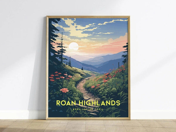 A framed poster titled Roan Highlands features a vibrant illustration of the Appalachian Trail at sunrise.