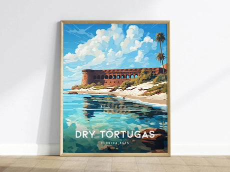 A framed poster of Dry Tortugas, featuring Fort Jefferson against a vibrant blue sky with fluffy clouds, palm trees, and turquoise waters reflecting the scene.