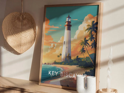 Key Biscayne Lighthouse, Miami, Florida Framed Wall Art - Bill Baggs Cape State Park Beach Tropical Poster Style Travel Island Print Gift