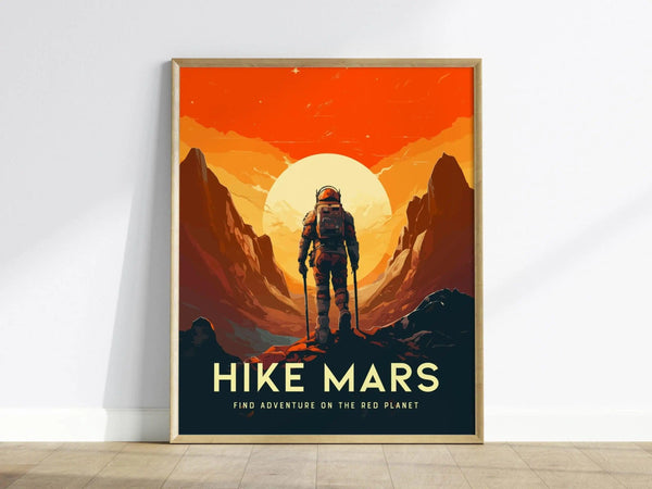 A framed poster features an astronaut standing on a Martian cliff with a setting sun, surrounded by warm red and orange tones.