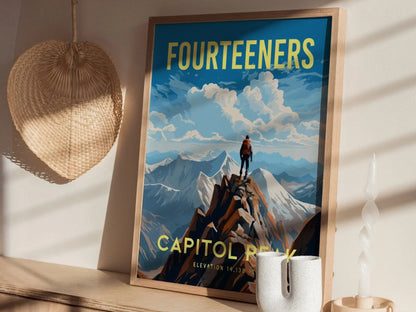 Capitol Peak Fourteener Colorado, Framed Wall Art | Rocky Mountains 14ers | 14er Climber Hiker Adventure Poster Print Gift Idea Home Decor