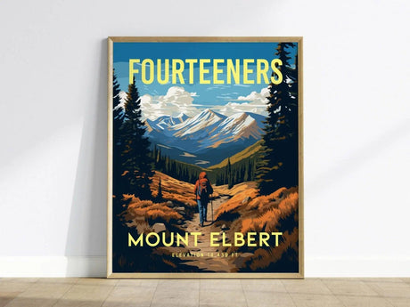 Mount Elbert poster with snow capped summit timberline slopes and Sawatch skyline