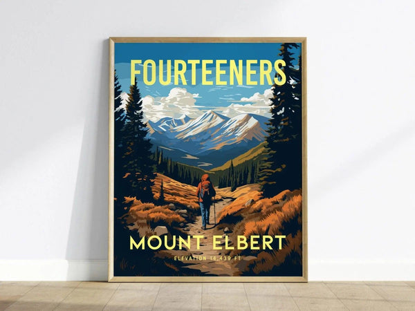 Mount Elbert poster with snow capped summit timberline slopes and Sawatch skyline