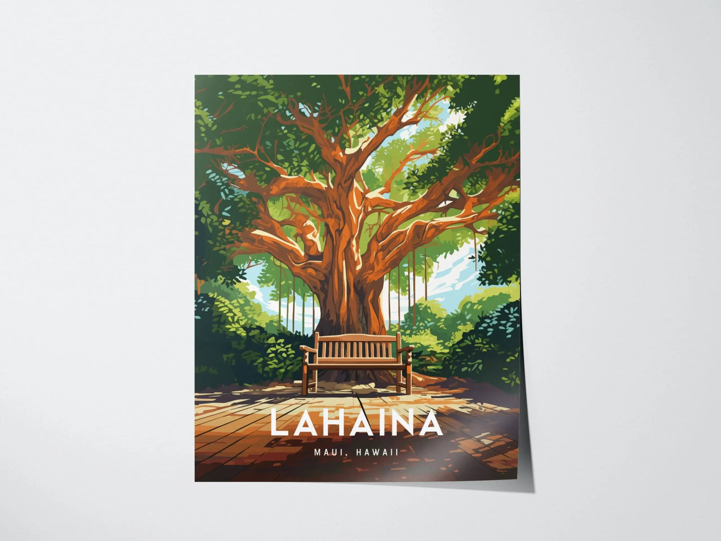 Lahaina, Maui, Hawaii - Historic Front Street Banyan Tree Framed Wall Art Poster Design Travel Artwork Island Hawaiian Memorial Gift Decor