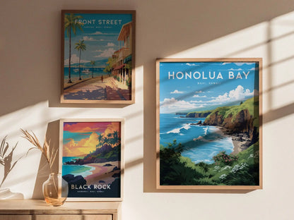 Honolua Bay, West Maui, Hawaii - Lahaina Kapalua Vacation Wall Art Poster Design Travel Island Framed Memorial Print Surfer Surfing Gift Set