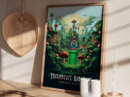 Mario Brothers Movie Mushroom Kingdom Framed Wall Art | Toad Woods Poster Design | Super Bros Print | Gamer Fantasy Home Decor Collection