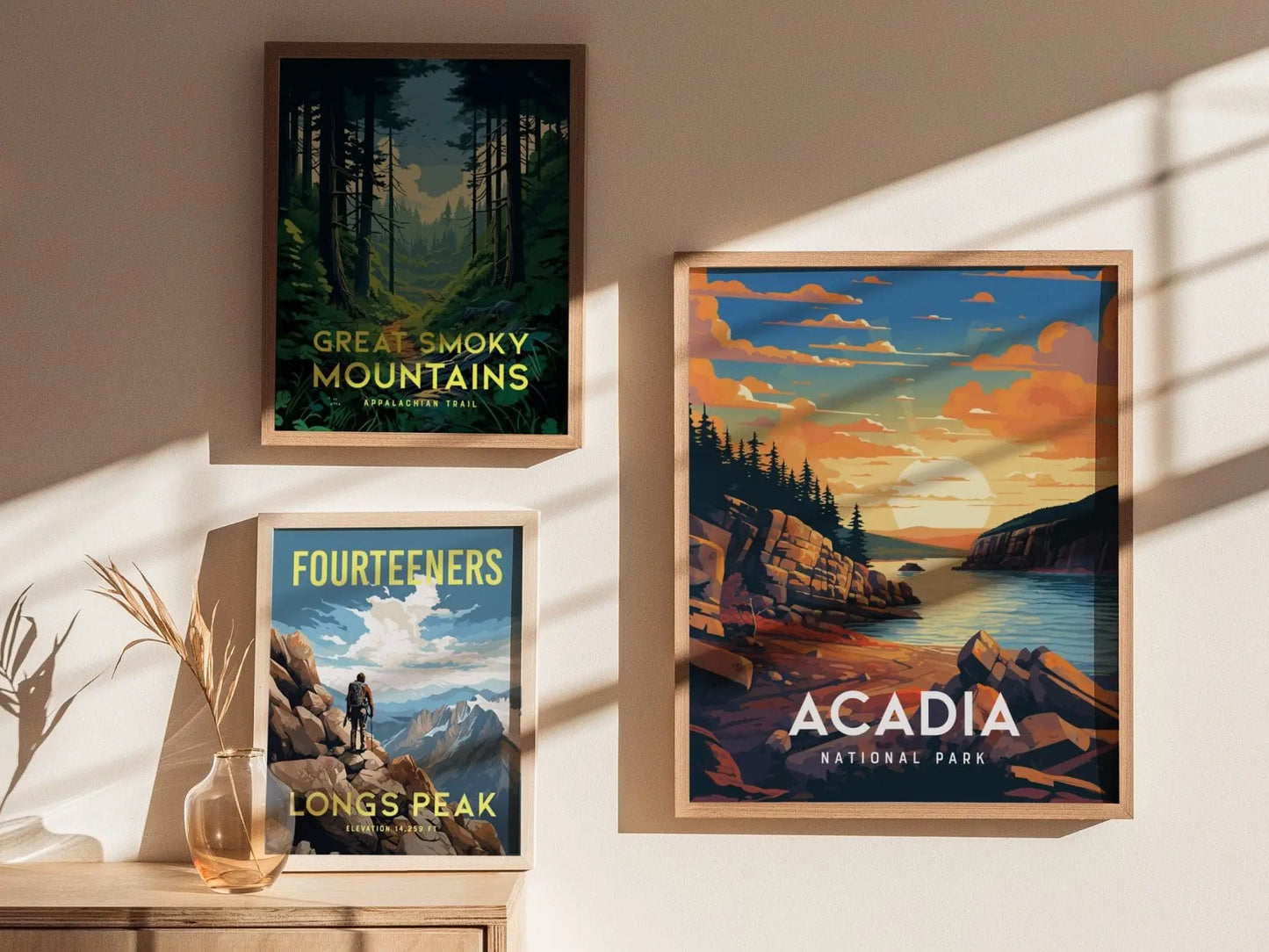 Acadia National Park, Maine, Framed Wall Art - Bar Harbor Poster Design Travel Print Hiker Adventure Gift Atlantic Coastal Home Decor