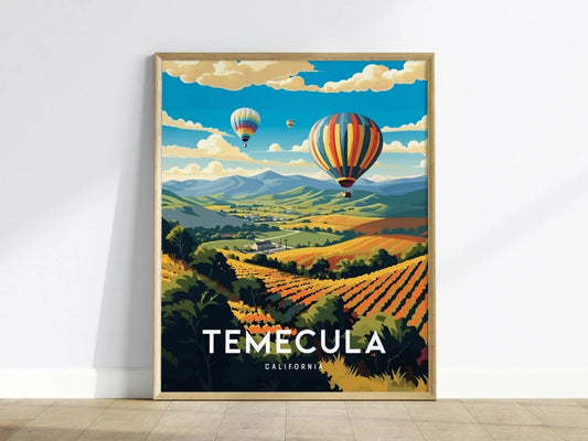 Temecula California Wine Country Wall Art | Hot Air Balloon Tours Framed Artwork Poster Design Travel Winery Vineyard SoCal Home Gift Decor