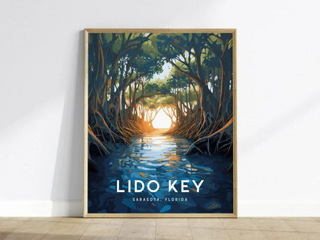 A framed poster depicts a serene waterway surrounded by lush mangrove trees, with sunlight filtering through. The text Lido Key, Sarasota, Florida is displayed at the bottom.